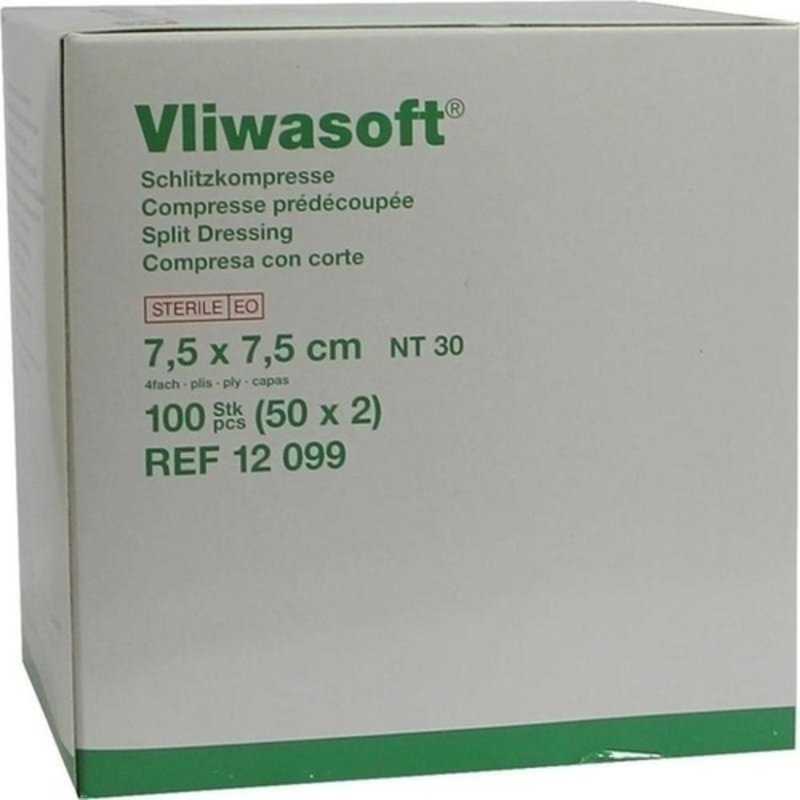 Vliwasoft Schkitzkompressen 7,5x7,5cm steril 4 lg. 50x2 ST PZN 06868768 - PK/50X2