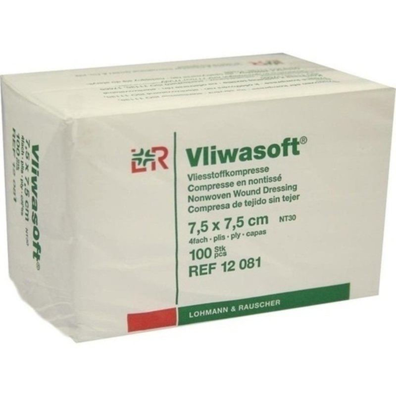 Vliwasoft Vlieskompressen 7,5 x 7,5 cm 4-lagig unsteril 100 ST PZN 03806927 - PK/100